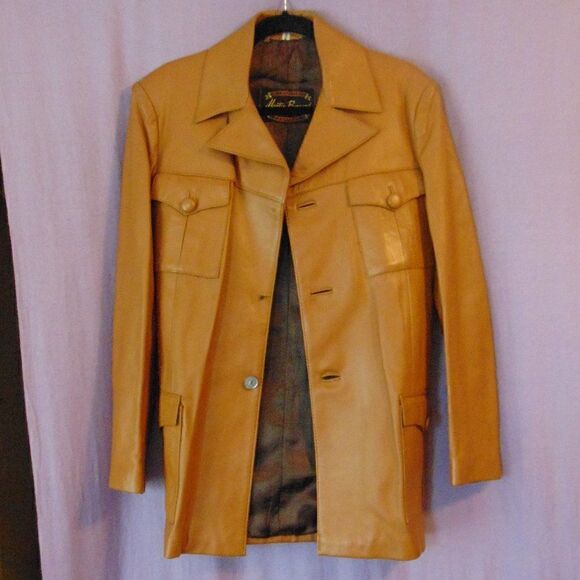 VINTAGE MARTIN BERNARD Camel Leather & Silk Jacket 6 Pockets Buckle Belt M/L - Picture 1 of 16